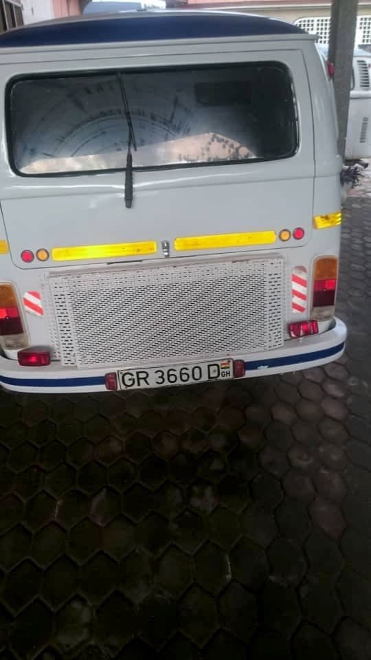 White and blue Volkswagen Kombi bus with Ghana registration plates